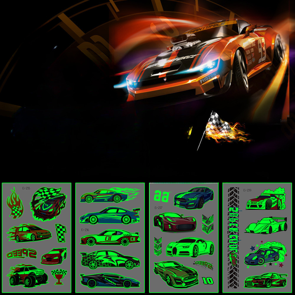 รอยสักกันน้ํา Cool Racing Mote Car Glow-in-the-dark Tattoo สติกเกอร์ Night Party รถปลอม Tattoo
