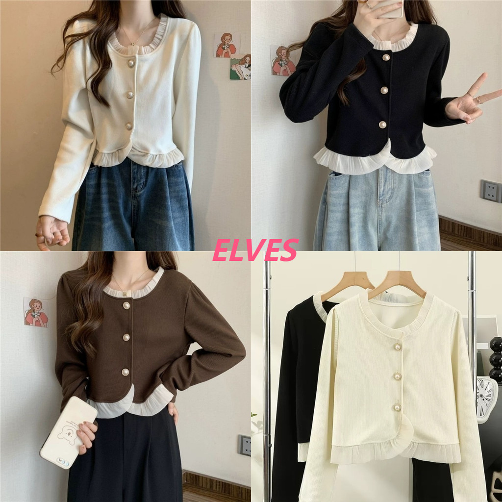 Elves พร้อมส่ง เสื้อไหมพรมคอกลม แขนยาว กระดุมด้านหน้า ~Y7001~ -C