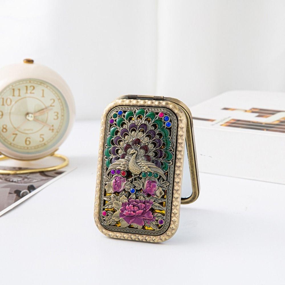 มหาสมุทร กระจกขนาดเล็กย้อนยุค,นกยูงเปิดหน้าจอมือถือกระจกแต่งหน้าสองด้าน,สี่เหลี่ยมวินเทจแบบพกพากระจกเครื่องสําอางพับได้ - รูปที่ 3