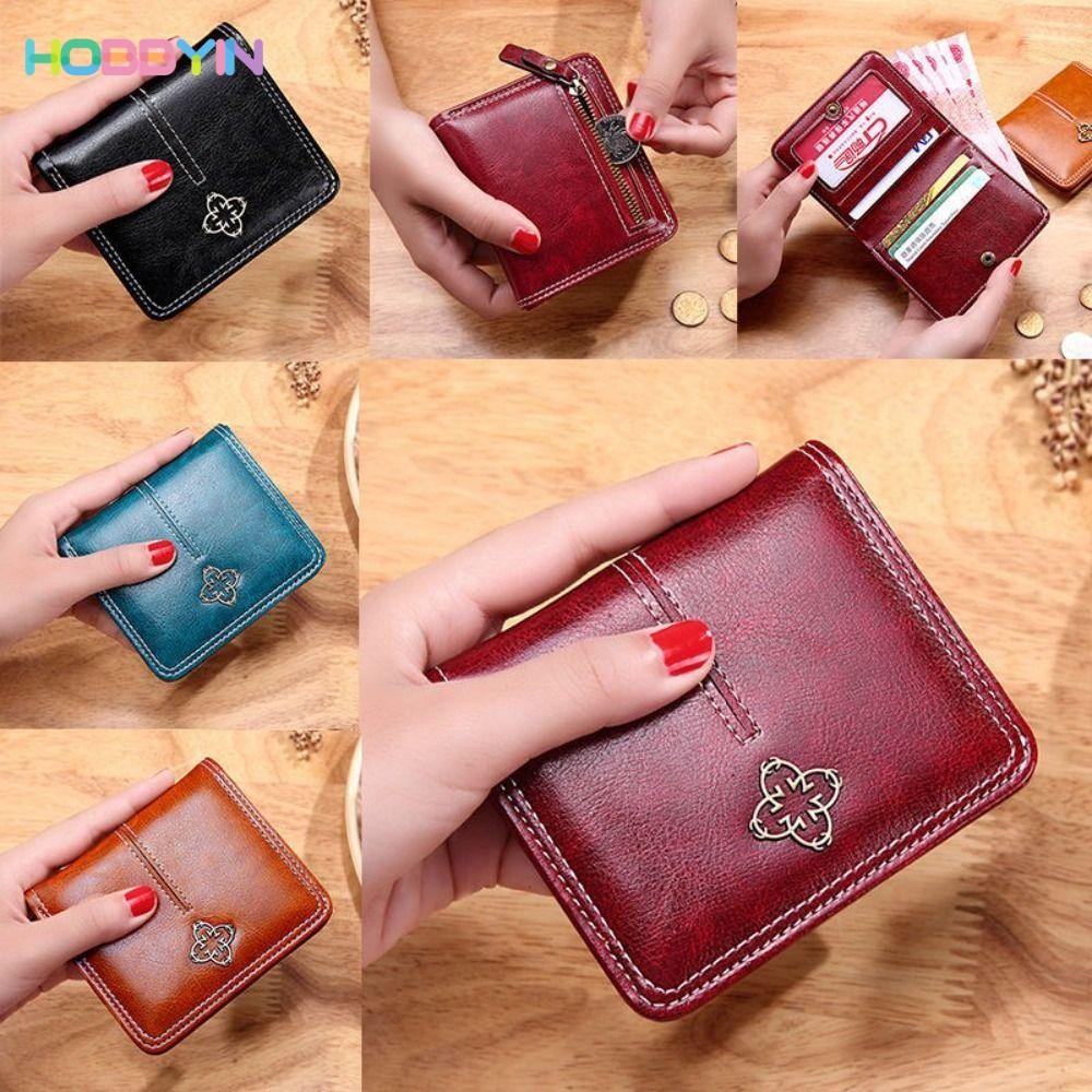 HOBBYIN กระเป๋าสตางค์หนังผู้หญิง, PU หนังสีดําสีแดงสีฟ้าสีน้ําตาล Moneybags, สั้น Hasp ซิปผู้ถือบัตรผู้หญิงหญิง