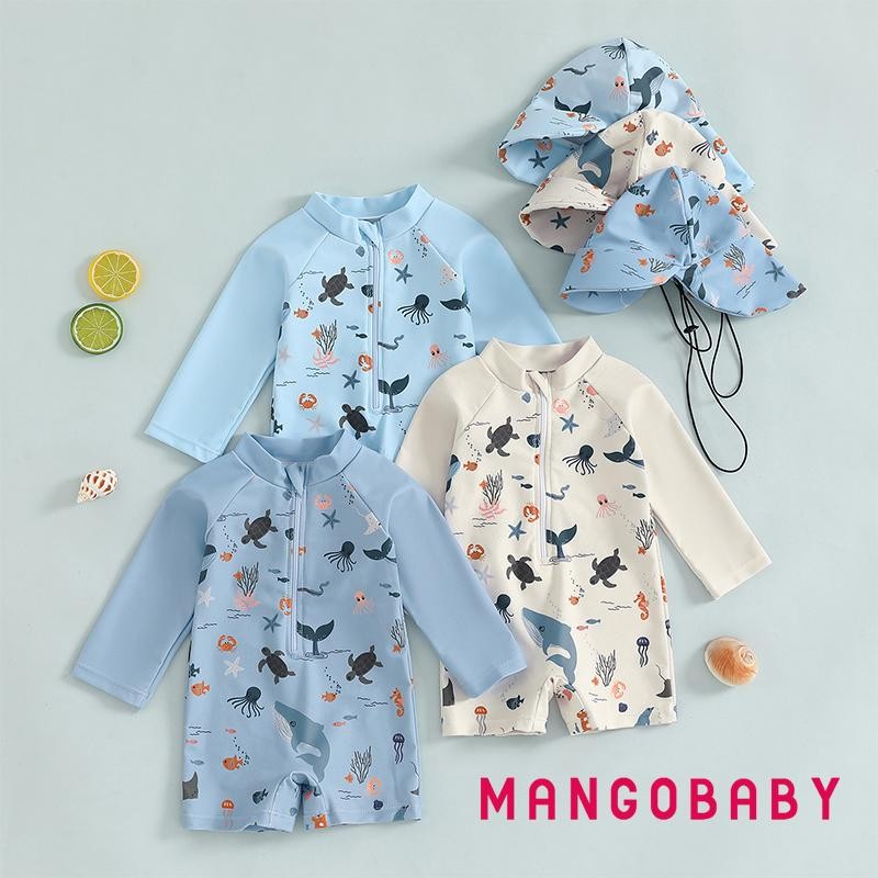 Mg-kids Boys ชุดว่ายน้ําแขนยาว Casual Marine สัตว์พิมพ์ซิป Rash Guard ชุดว่ายน้ําและหมวก Beachwear ชุดว่ายน้ํา