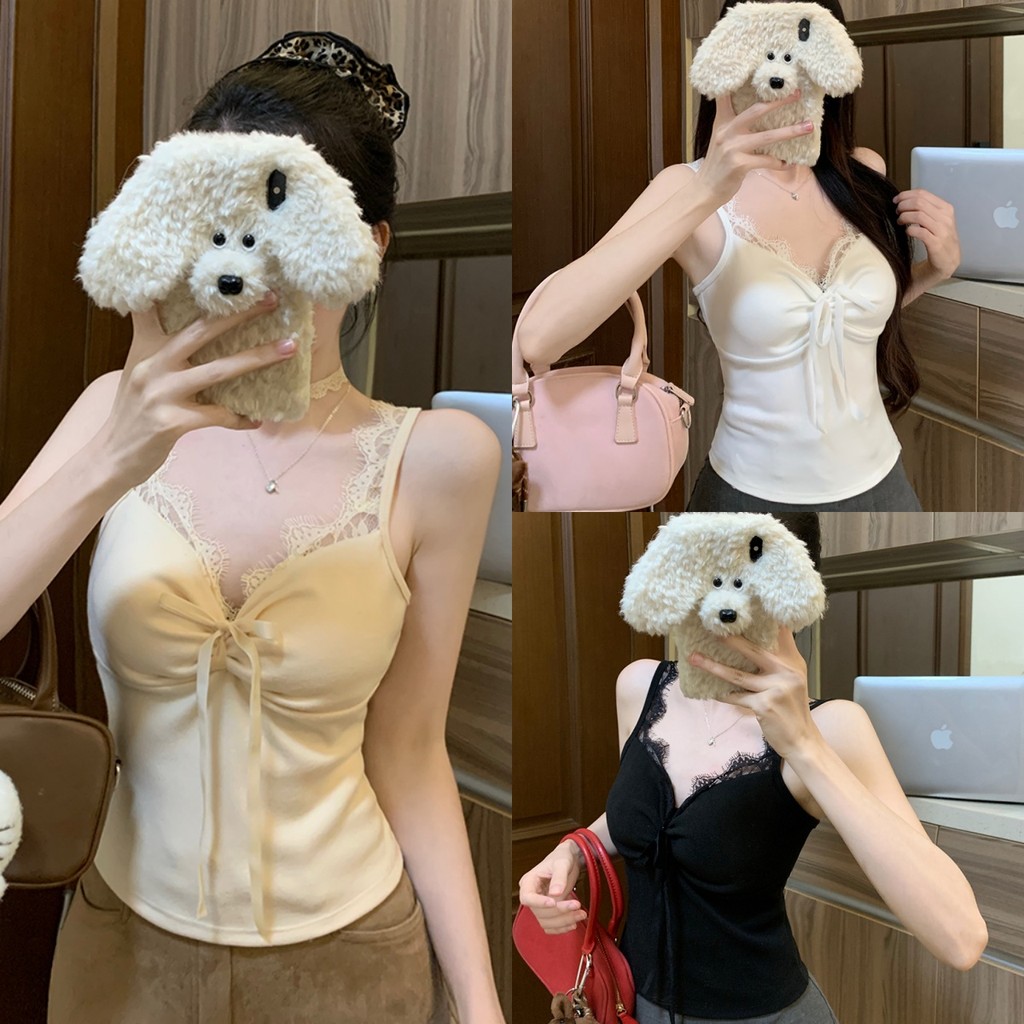 💝Bonnie💝เสื้อสายเดี่ยว มีฟองน้ำ แต่งลูกไม้ ผูกโบว์ เสื้อสายเดี่ยว สไตล์เซ็กซี่ ผ้าดีมาก ดูแพง