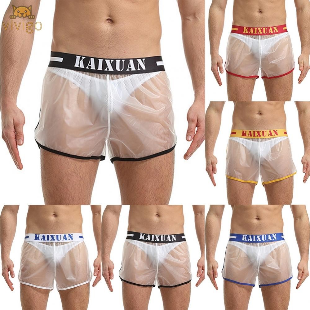 Fashionable Men's Elastic Gym Shorts Transparent PVC Beach Trunks for Daily Wear