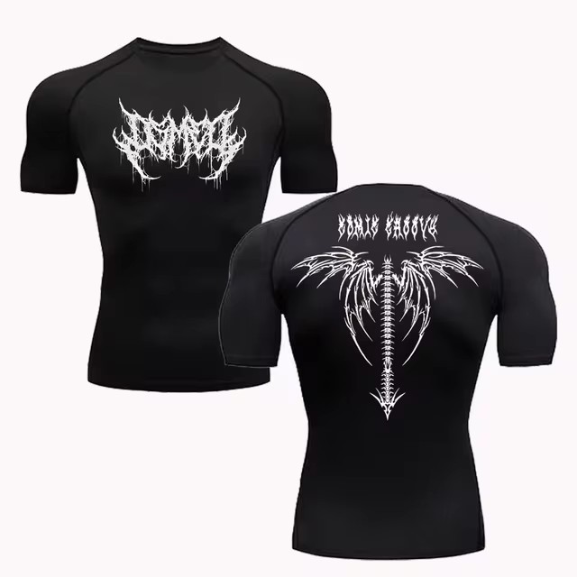 สไตล์ใหม่พิมพ์วิ่งแน่นเสื้อผู้ชายแห้งเร็วฟิตเนสยืดกีฬายิมกีฬาแขนสั้นbreathable T