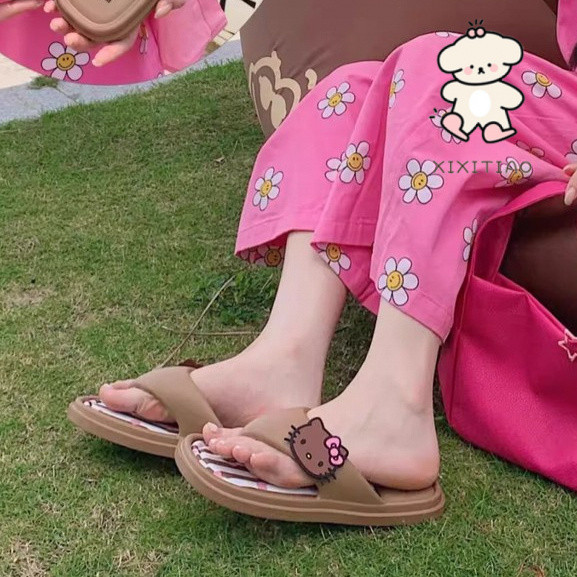 Xitiao ฮาวาย Influencer หวานหนังสีดํา kitty Cat Seaside Flip-Flops หญิงฤดูร้อนน่ารัก ins แบน Flip-Flops รองเท้าแตะรองเท้าแตะ