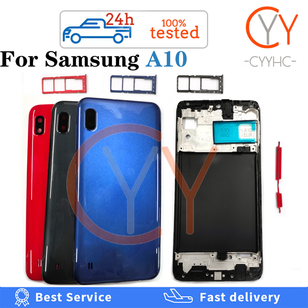 สําหรับ Samsung Galaxy A10 A105 A105F ฝาหลังแบตเตอรี่ปุ่มปรับระดับเสียงปิดปุ่มแบตเตอรี่ฝาครอบประตูด้านหลัง + กรอบด้านหน้า LCD + เปลี่ยนซิมการ์ด