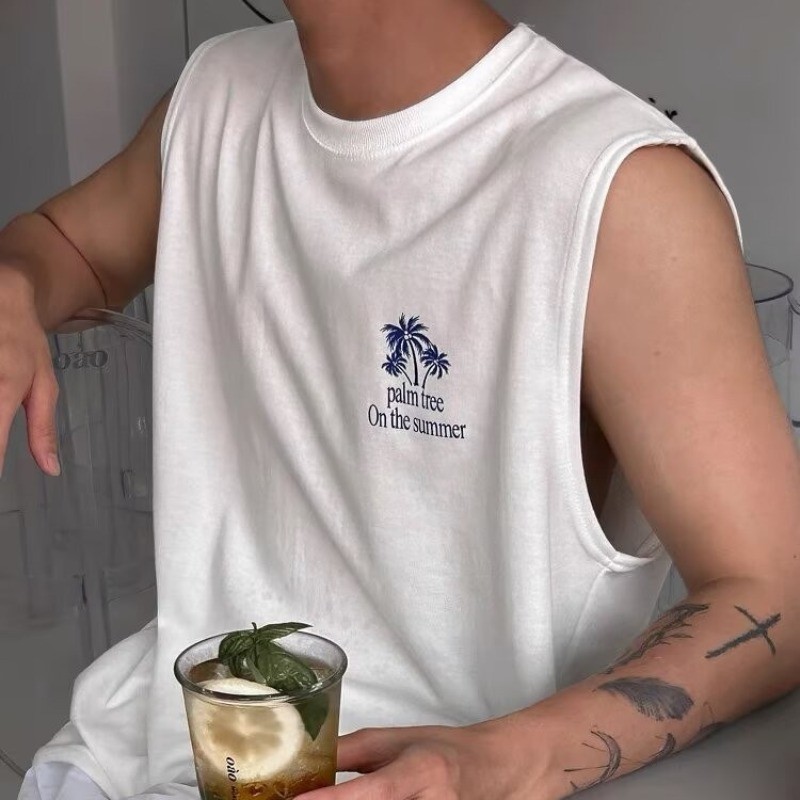 เสื้อยืดคอกลมแขนกุดสําหรับผู้ชายพร้อมเสื้อกล้ามเสื้อปาดไหล่ทรงหลวมเกาหลี
