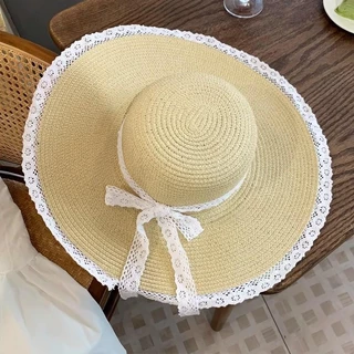 🧡Basic swimsuit💛 หมวกสานไปทะเล หมวกปีกกว้าง แฟชั่นฤดูร้อน ริบบิ้นลูกไม้ สดชื่นและน่ารัก จัดส่งจากกรุงเทพประเทศไทย