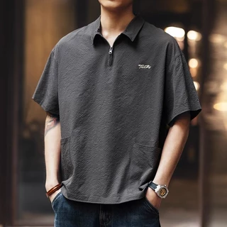 Pannofluxus เสื้อโปโลผู้ชายแขนสั้นญี่ปุ่นผ้าไหมน้ําแข็งเรียบง่ายเย็นครึ่งซิปแห้งเร็วแขนสั้น