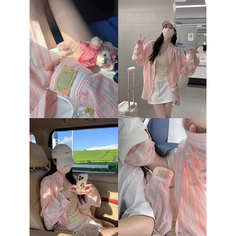 HHB2023 🍉 เสื้อเชิ้ตลายทางแขนยาวคอปกผู้หญิง oversize เสื้อกันแดดสไตล์เกาหลีแฟชั่นย้อนยุคลำลอง ทรงหลว