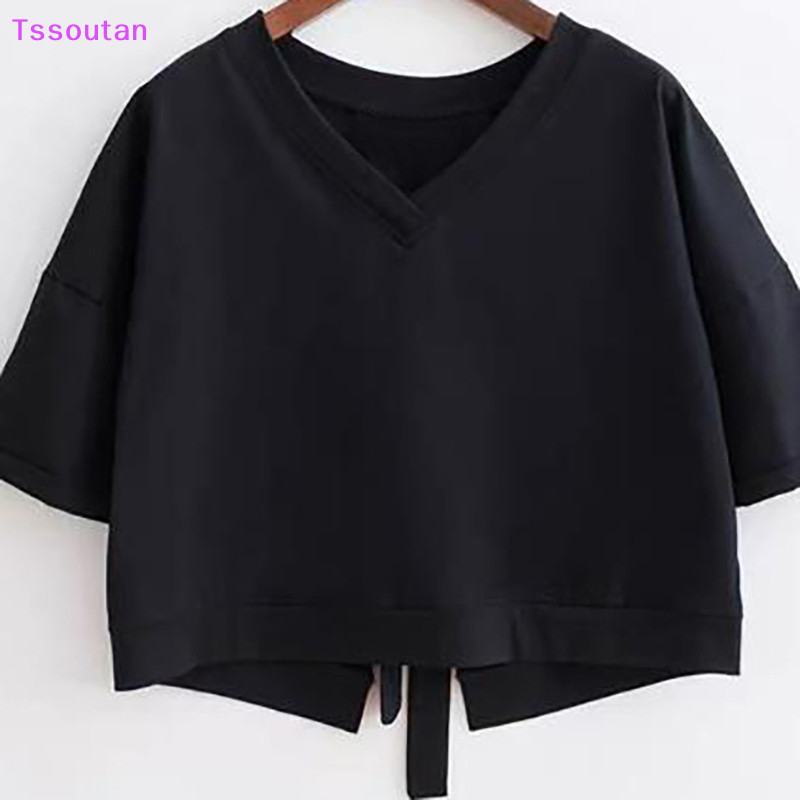 [TSST] เสื้อครอปท็อป คอวี แขนสั้น แบบผูกเชือก เปิดหลัง ทรงหลวม สีพื้น แฟชั่นฤดูร้อน สําหรับผู้หญิง TAN
