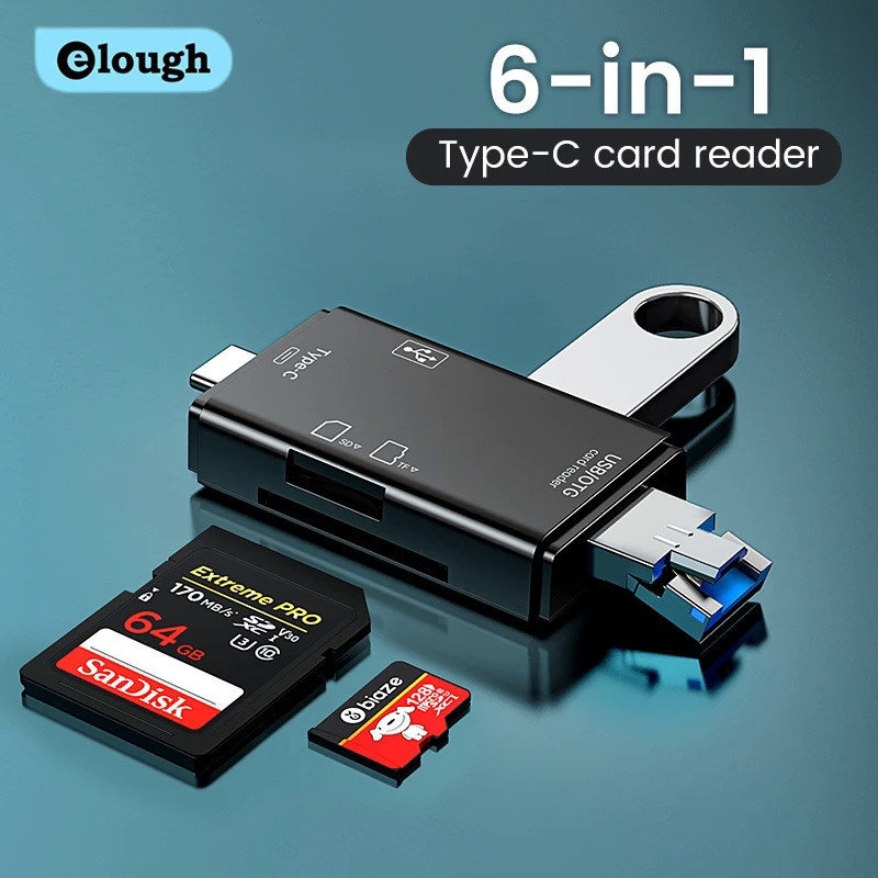 ตัวอ่านการ์ด Elough 6 in 1 OTG Type C ตัวอ่านการ์ด Micro SD แฟลชไดรฟ์ ตัวอ่านการ์ดหน่วยความจำอัจฉริย