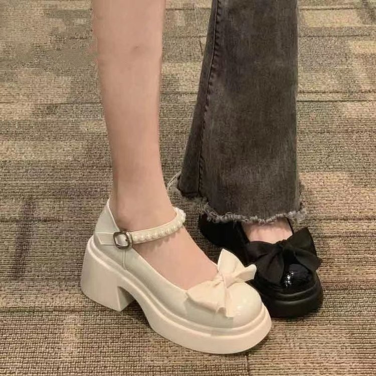 JINxCHOY SHOES รองเท้าส้นสูง หนัง PU ส้นหนา หัวกลม ประดับโบว์ เข้ากับทุกการแต่งกาย แฟชั่นแฟรี่ สําหรับนักเรียนหญิง