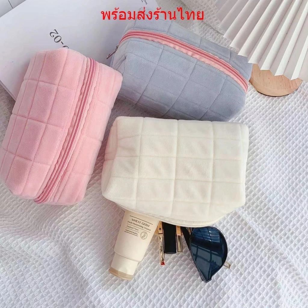 🎀ร้านไทยพร้อมส่ง🎀 กระเป๋าเครื่องสำอางค์ กำมะหยี่ กระเป๋าหมอน กระเป๋าดินสอ สไตล์ญี่ปุ่น ความจุขนาดใหญ่ ลายตาราง BAG04