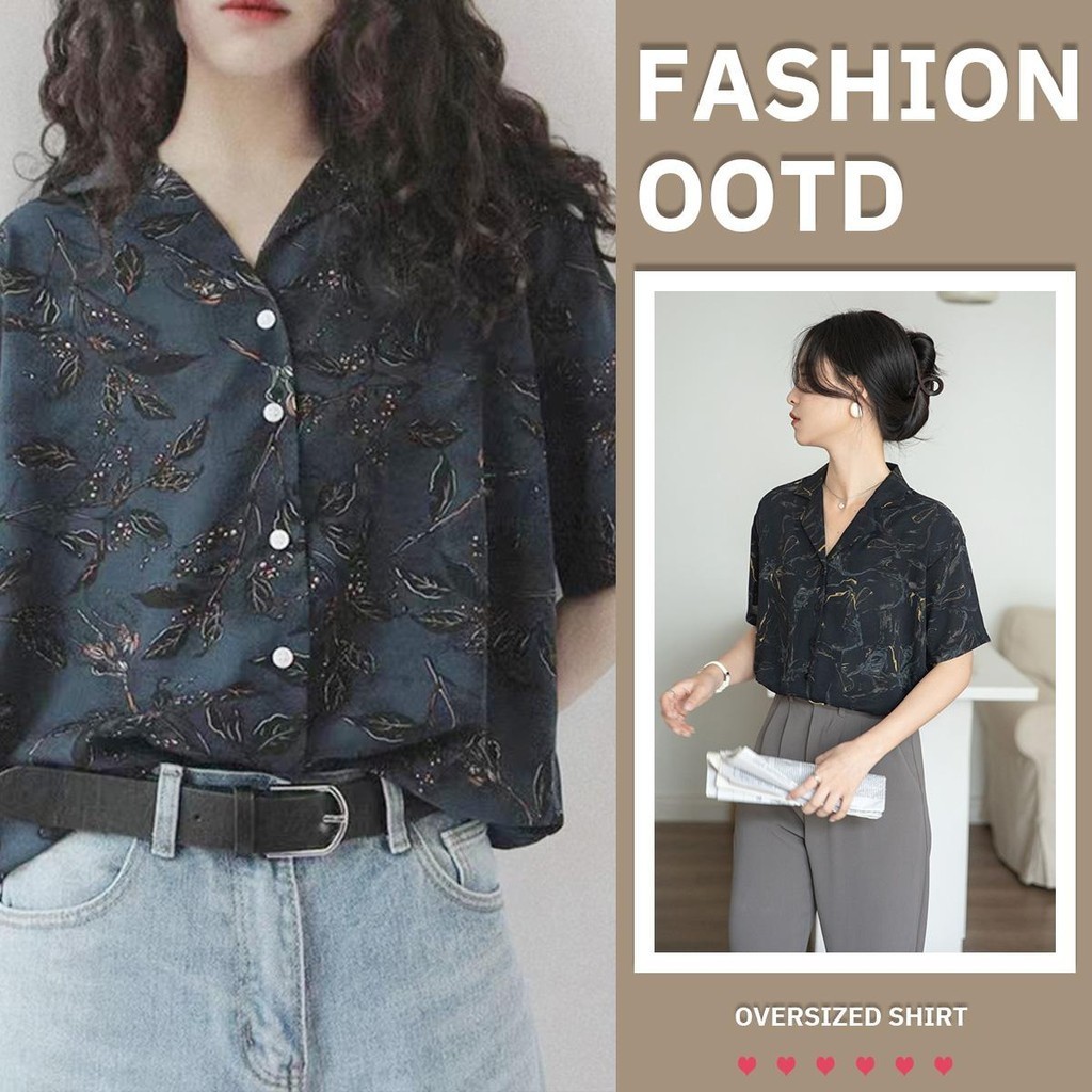 MIMI&DIDI.เสื้อเชิ้ตแขนสั้น วินเทจ แฟชั่นผู้หญิง คอวี เสื้อทำงานลำลอง พิมพ์ลายฤดูร้อนบางสไตล์ฮ่องกง ลวดลายสวยงามมาก#W359