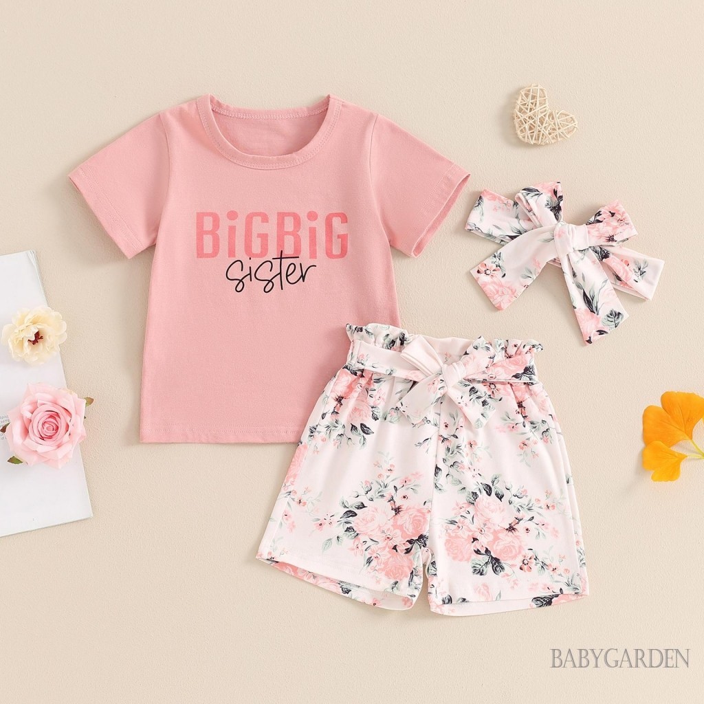 Bga-1-5year เด ็ กผู ้ หญิงตัวอักษรพิมพ ์ รอบคอแขนสั ้ นเสื ้ อ + กางเกงขาสั ้ นพร ้ อมเข ็ มขัด + แ