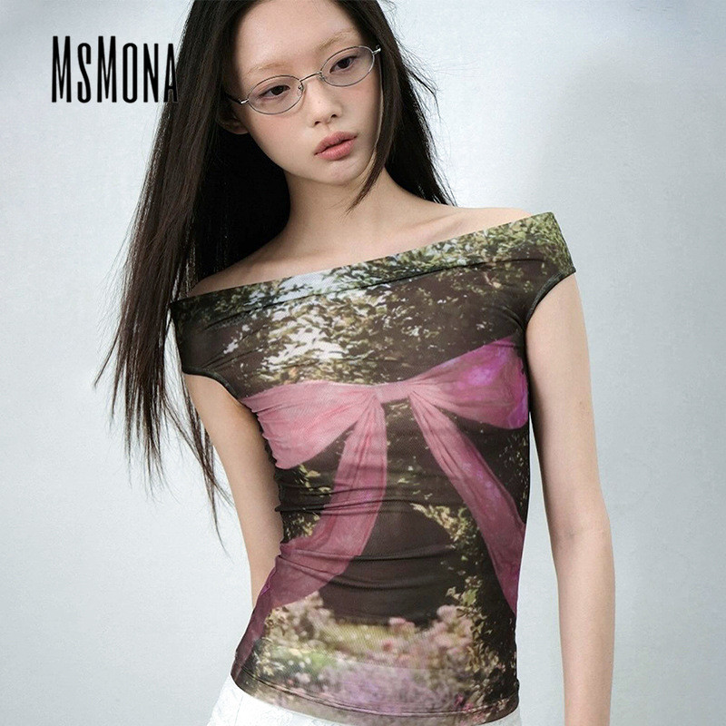 Msmona เสื ้ อยืดผู ้ หญิง 2024 พิมพ ์ ปิดไหล ่ แขนกุด Slim Fit Casual Streetwear แฟชั ่ นกลางแจ ้ ง Party All Match