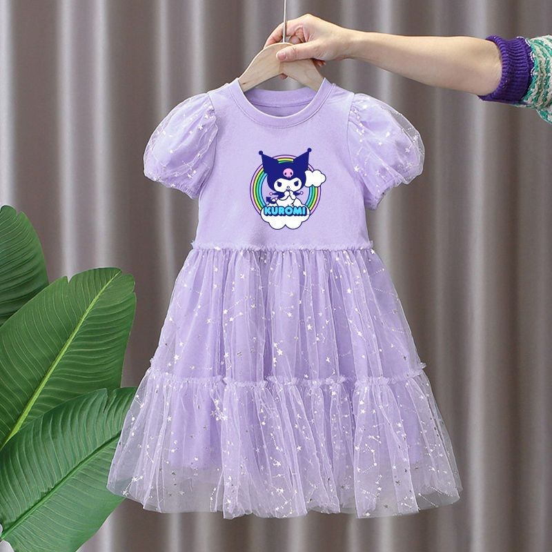 Kuromi สาวชุดฤดูร้อนชุดผ้ากอซกระโปรงอ้วนสไตล์ใหม่ Kuromi Melade สไตล์ตะวันตกกลางเด็กเล็กชุดเจ้าหญิงอินเทรนด์