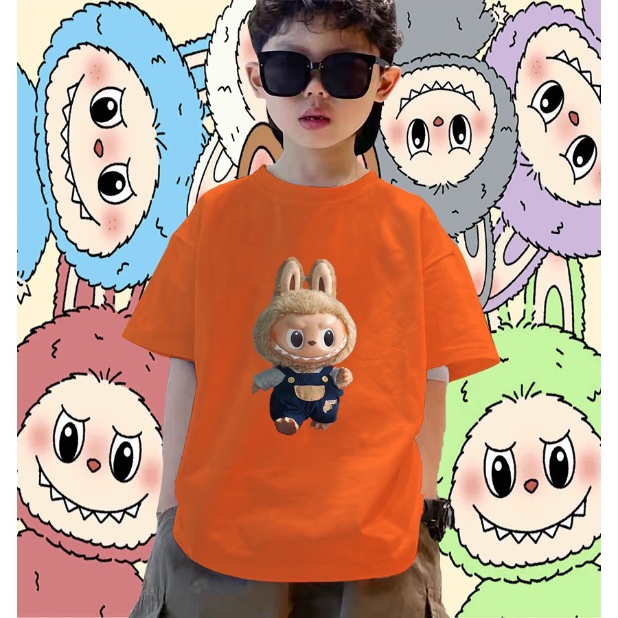การจัดส่งที่รวดเร็วเสื้อยืดเด็ก ลาบูบู้ Pop Mart Labubu ผ้าคอตตอน100% ขนาดเด็ก 100-150cmS-5XL