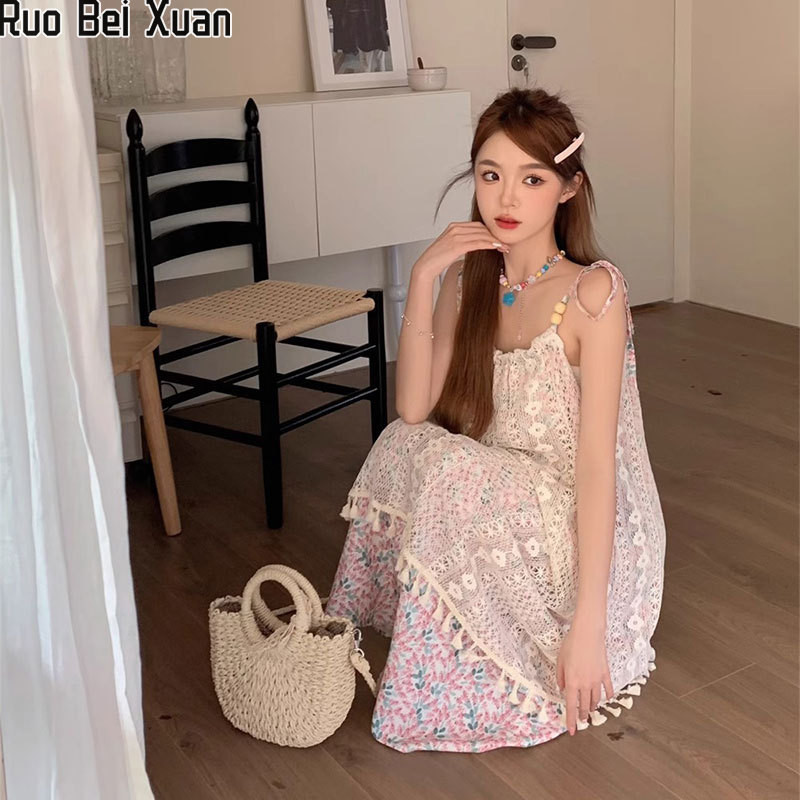 Ruo Bei Xuan ผู ้ หญิงวันหยุดริมทะเลใหม ่ แขวนเย ็ บชุดหวานดอกไม ้