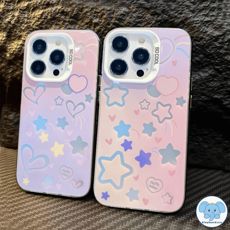 การ์ตูนดาวไล่โทนสีหัวใจรักเคสนิ่มเลนส์โลหะชุบหรูหรา iPhone 11 7Plus 14 15 12 13 Pro Max XR 8 14 7 15 Plus X XS Max SE