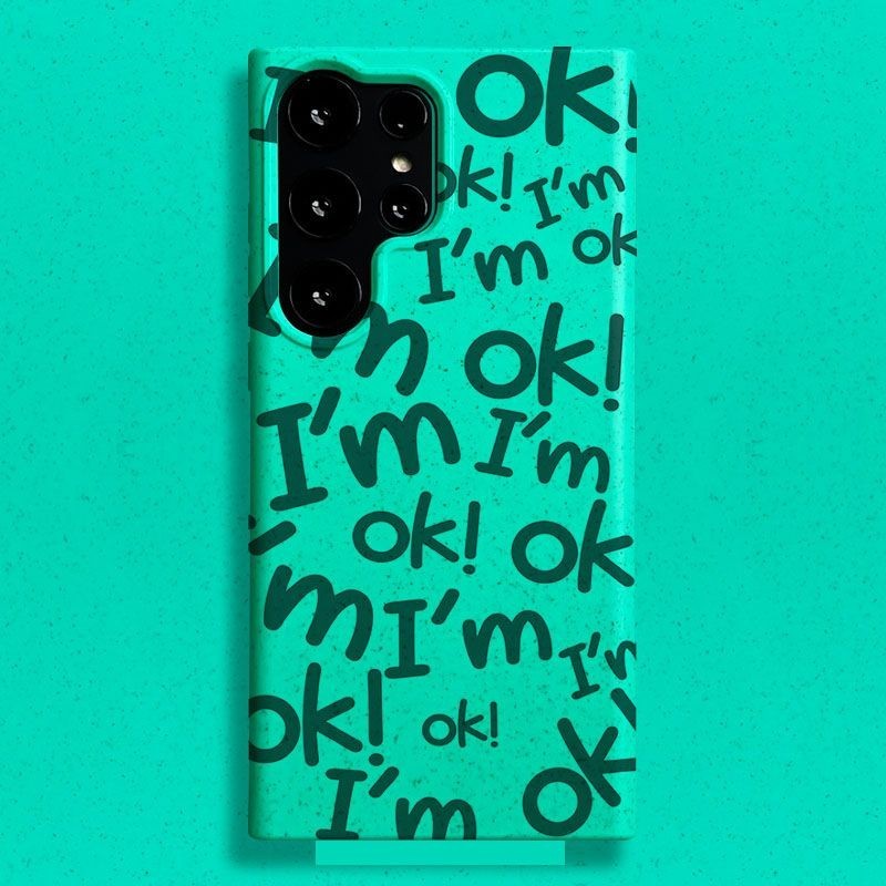 เคสอ่อนวัสดุฟางข้าว เป็นมิตรต่อสิ่งแวดล้อม ผิวแมตต์ละเอียด ลายข้อความ "I'm OK" กันกระแทก สำหรับ Samsung S26 Ultra, S25 Ultra, S24 Ultra, S24 Plus, S23 Ultra, S23 FE, S22 Ultra, S21, A12, A13, A14, A53, A54