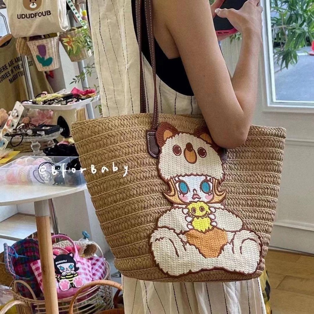 Pop Mart Hand-Woven Bag Tote Bag Large-Capacity Woven Bag Beach Vacation Travel Hand-Woven