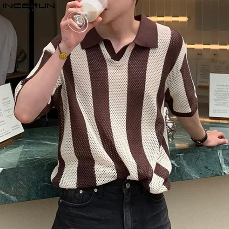 Incerun ผู ้ ชายแฟชั ่ นเกาหลี Hollow Stripe Turn Down Collar เสื ้ อโปโลแขนสั ้ น