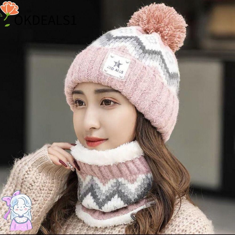 Dealshop หมวกบีนนี่, กันลม บวกกํามะหยี่ คออุ่น, ขี่จักรยาน ป้องกันหู หนา อบอุ่น หมวกผ้าพันคอ ชุดผู้หญิง