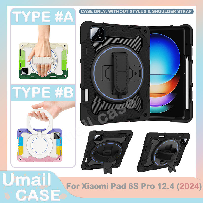 เคสกันกระแทกที่ทนทานสําหรับ Xiaomi Pad 6S Pro 12.4 นิ้ว 2024 360° ฝาครอบแท็บเล็ตที่จับขาตั้งแบบหมุนได้