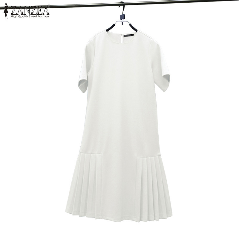Zanzea ผู ้ หญิงเกาหลีลําลองคอกลมแขนสั ้ นจีบ Hem หลวมมินิเดรส