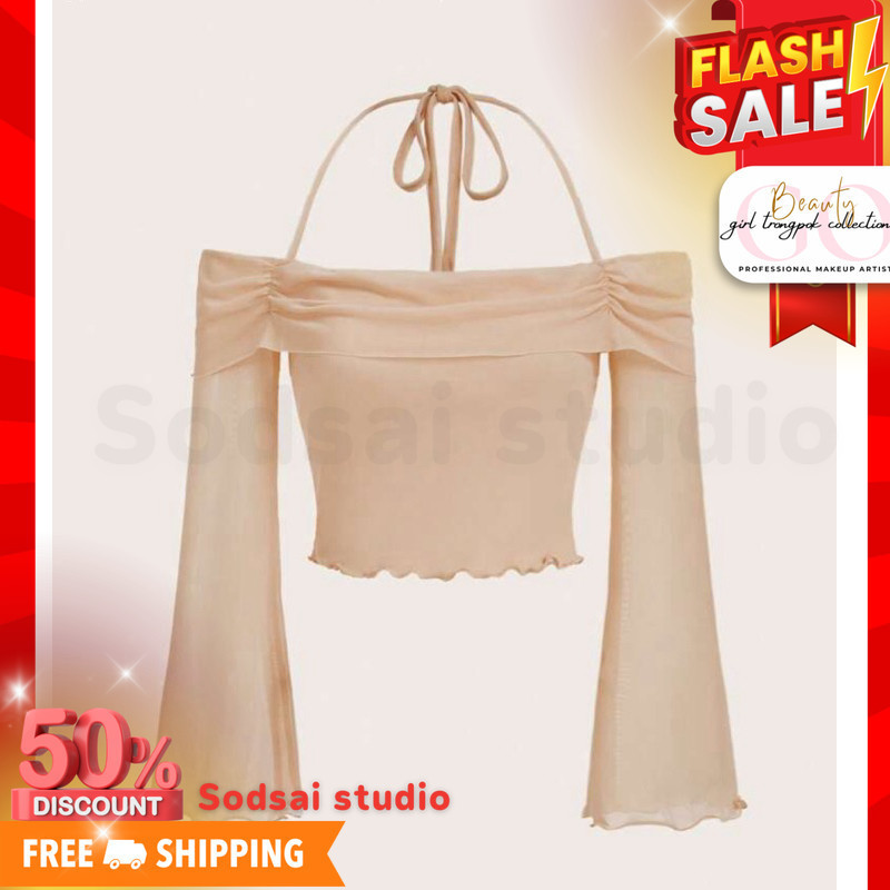 มาใหม่ 11 สี**** เสื้อปาดไหล่ เสื้อท็อป สีพื้น จับจีบ คล้องคอ ขอบหยัก ตาข่าย