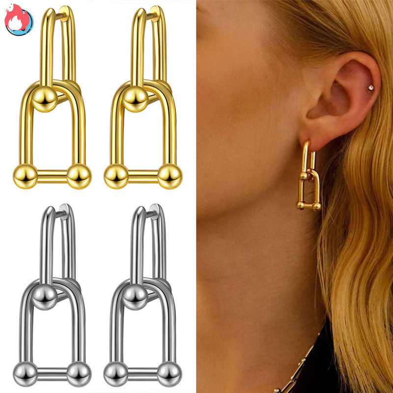 Chain Link ต่างหูผู้หญิง Chunky วงกลม Hoop ต่างหูเรขาคณิต Hoop ต่างหู U รูปร่าง Paperclip ต่างหู Hypoallergenic Pierced ต่างหูเครื่องประดับสําหรับผู้หญิงสาว TH