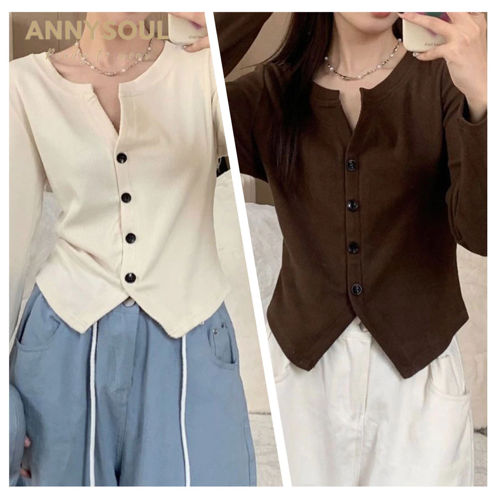 เสื้อกันหนาวแต่งกระดุมหน้า ผ้าฝ้ายยืดนุ่ม ไม่หนาไม่บางเกินใส่กำลังสบาย