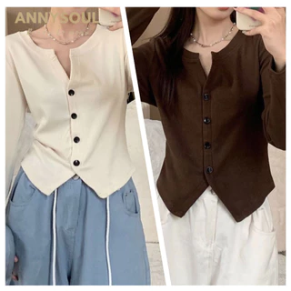 เสื้อกันหนาวแต่งกระดุมหน้า ผ้าฝ้ายยืดนุ่ม ไม่หนาไม่บางเกินใส่กำลังสบาย