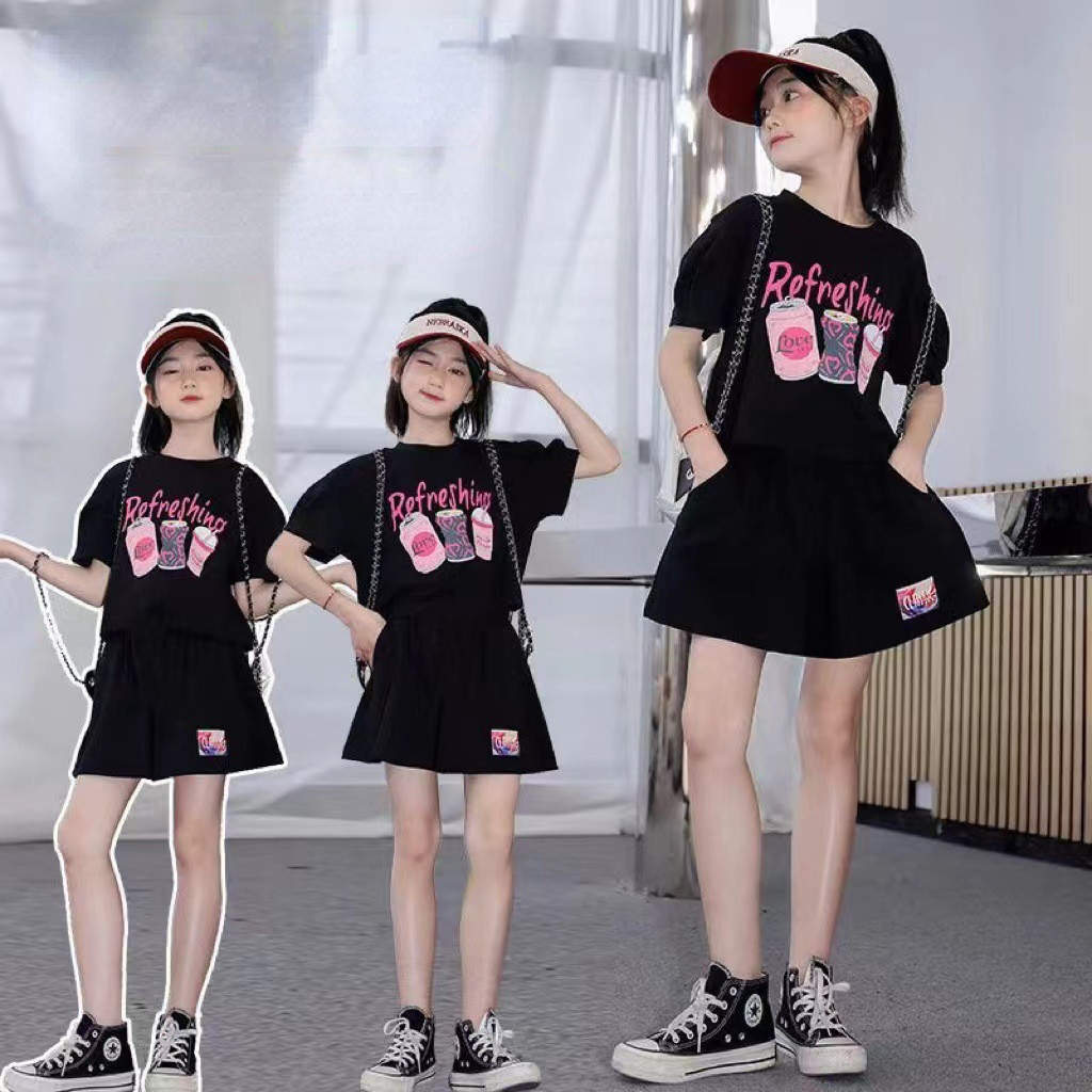 120-170ซม.ฤดูร้อนสาวกระโหลกสไตล์แขนสั้นเสื้อยืดสูทเด็กใหญ่สีดําแฟชั่นพิมพ์ฮากามาชุดสองชิ้น
