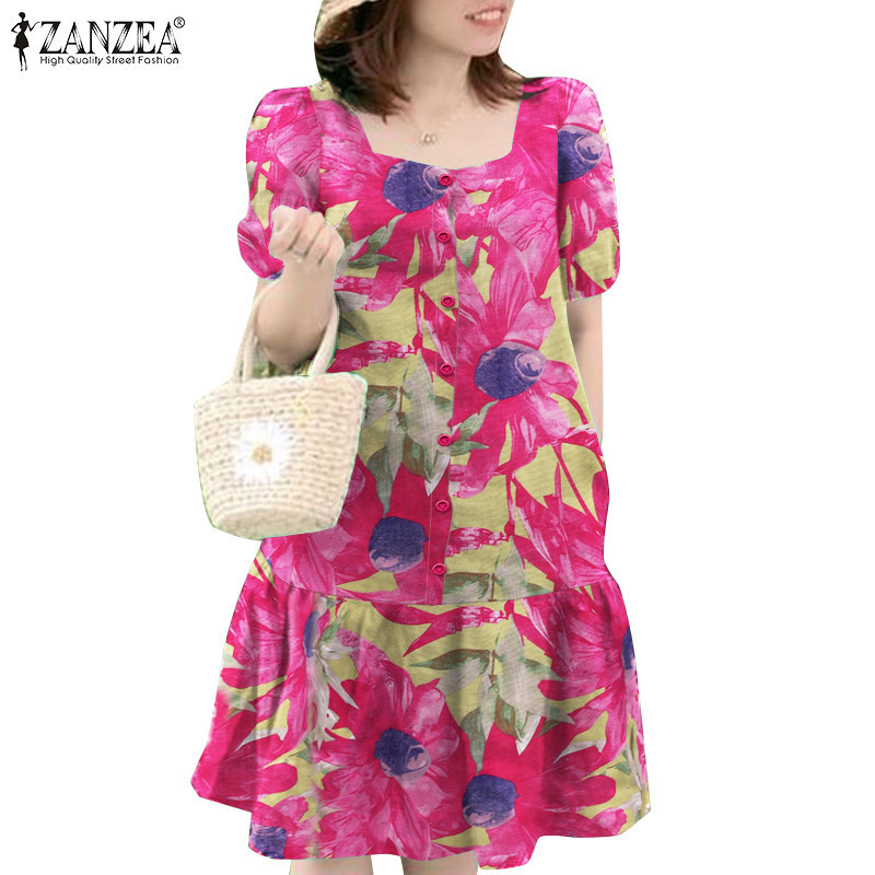 Zanzea ผู ้ หญิงพัฟแขนสแควร ์ คอ Fishtail Hem Ruffle Hem ผ ้ าฝ ้ ายพิมพ ์ ชุด