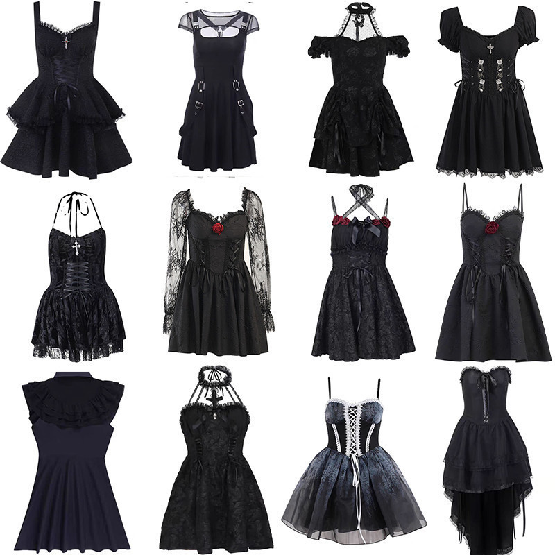 สาวกลุ ่ มร ้ องเพลงชุด Dark Lolita บุคลิกภาพแขนสั ้ นชุดเอว Puffy กระโปรงสาวนุ ่ มกระโปรงลูกไม ้ ฮาโลวีน