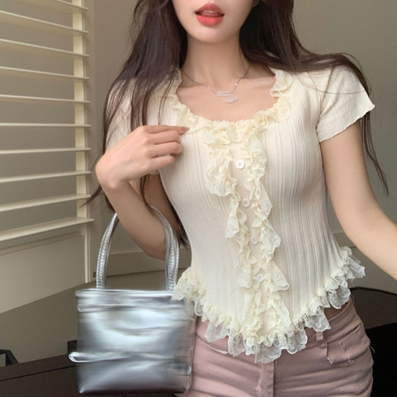 ฤดูร้อนรอบคอลูกไม้เย็บปะติดปะต่อกันผิดปกติเสื้อยืดผู้หญิงเกาหลีหวานสลิมฟิตถักแขนสั้นเสื้อสวมหัวด้านบน