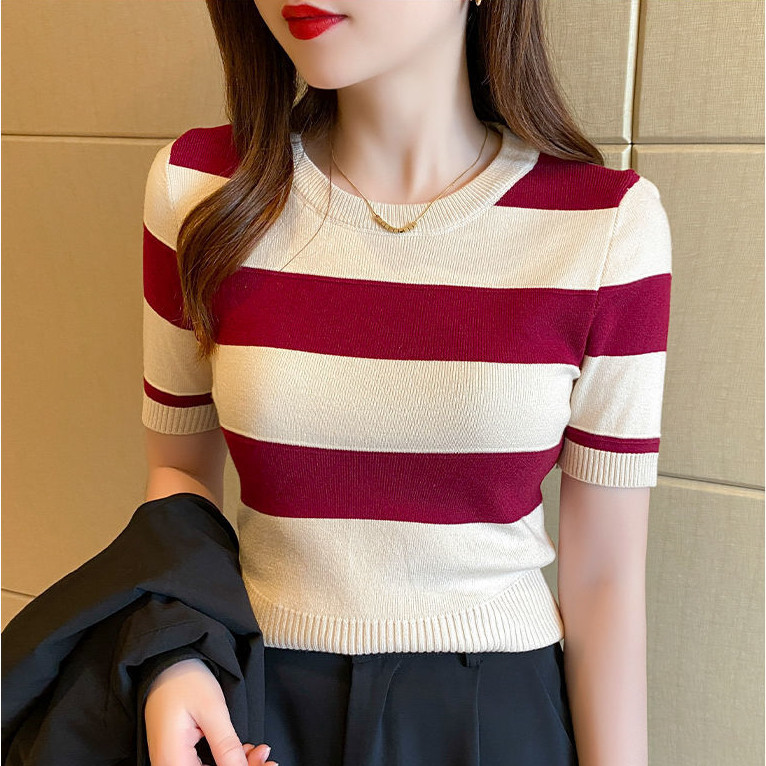 แขนสั้นลายบางรอบคอเสื้อยืดฤดูร้อนใหม่ บล็อกสี ทั้งหมด-จับคู่ ลําลองผ้าไหมน้ําแข็งถักด้านบนสําหรับผู้หญิง