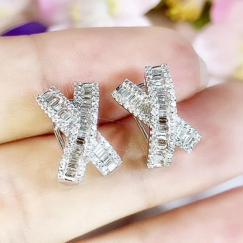 925 เงินสเตอร์ลิงแฟนซี X รูปสตั๊ดต่างหูพราวสีขาว Cubic Zirconia ต่างหูหรูหราสําหรับผู้หญิงงานแต่งงานเครื่องประดับงบ