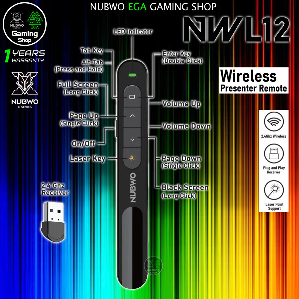🎮 GAMING NUBWO NWL-010 LASER WIRELESS POINTER REMOTE Presenter  รีโมทพรีเซนต์ ไร้สาย 2.4GHz. เลเซอร์พอยเตอร์ พรีเซนเตอร์