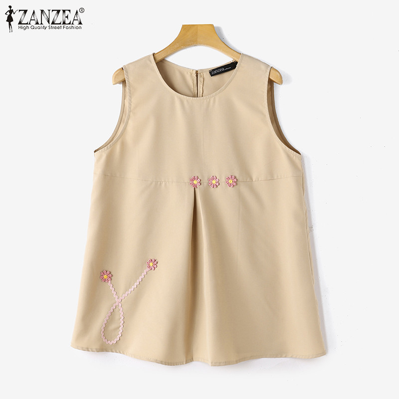 Zanzea ผู ้ หญิงแฟชั ่ นเกาหลีคอกลมจีบดอกไม ้ แขนกุดตกแต ่ งริบบิ ้ นถัง