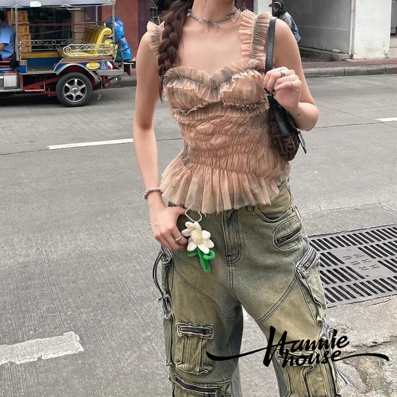 Hannie House- ผู ้ หญิง Tie Dye Sweetheart Neck Frill Smocked Slim Fit Camisole