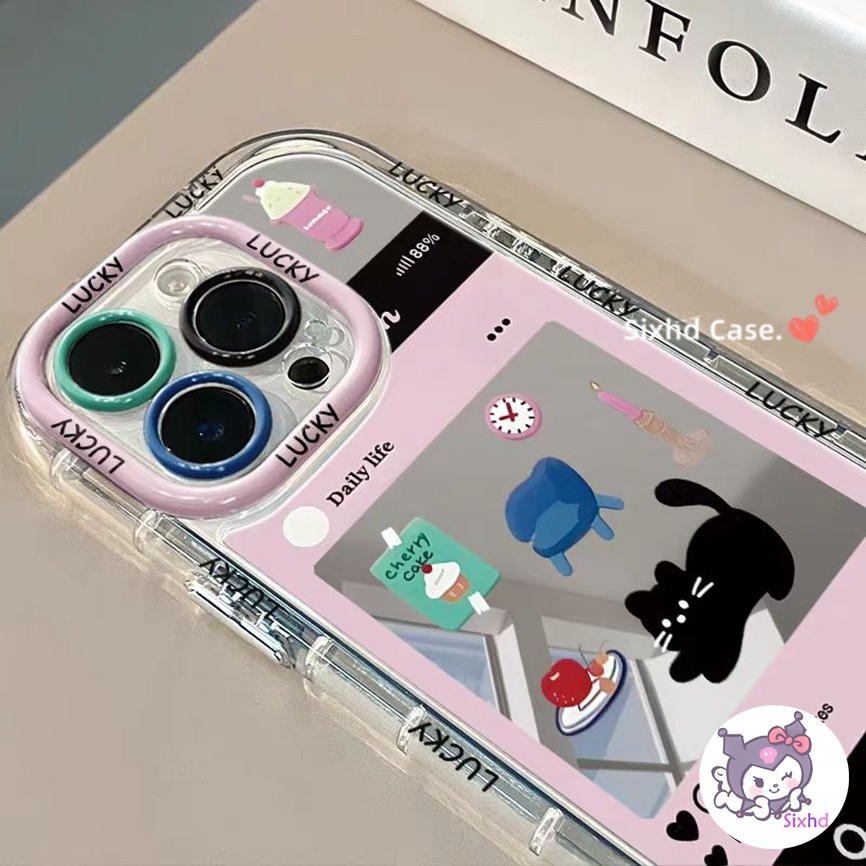 SAMSUNG แมวดําการ์ตูนinsกระจกสไตล์เกาหลีพร้อมเชือกเส้นเล็กสําหรับsamsung A55 A15 A35 A34 A12 A05 A05s A15 A13 A14 A54 A32 A03s A24 A25 A51 A10s S23 Anti-Dropกรณี