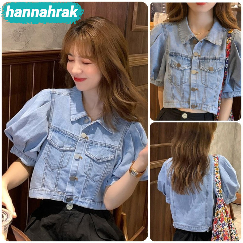 (ส่งจากกรุงเทพฯ)เสื้อยีนส์วินเทจฤดูร้อนสไตล์ฝรั่งเศสหลวม เสื้อแจ็คเก็ตแขนสั้นผู้หญิงแขนพอง