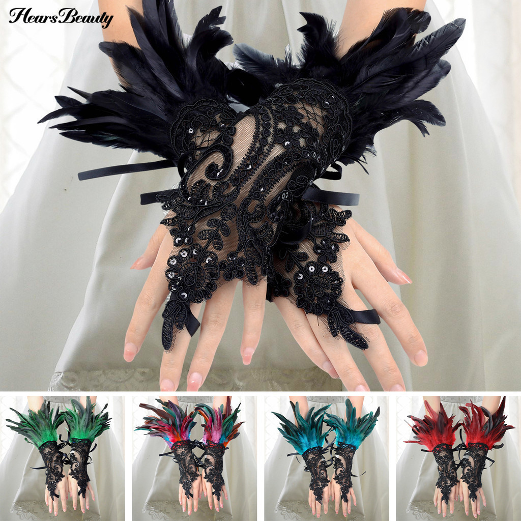 HEA-1pc เซ็กซี่ลูกไม้ Faux Feather ถุงมือยาว Gothic ตาข่ายแขน Halloween Party เย็บปักถักร้อย