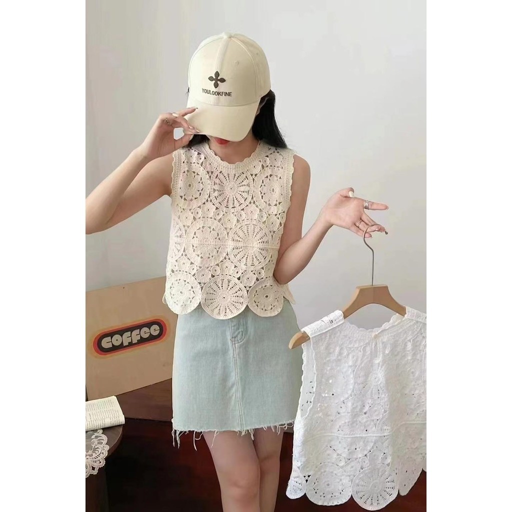 ร้อนขายฤดูร้อนสไตล์ใหม่ริมทะเลวันหยุดสไตล์ขอบหยักรอบคอแขนกุดเสื้อกั๊กผู้หญิงสั้นกลวงเสื้อกั๊กติดตามฮ