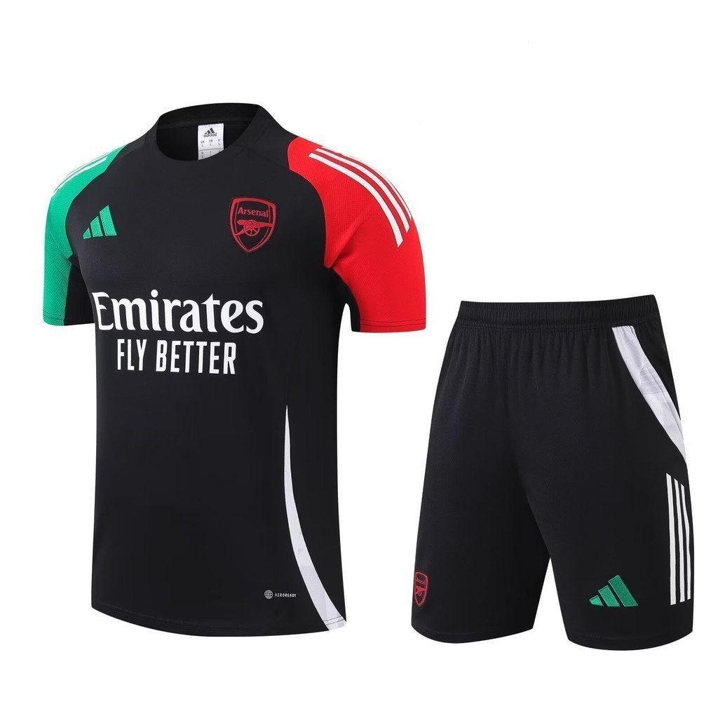 2024 -25 Arsenall เสื ้ อผ ้ าออกกําลังกายฤดูร ้ อนสีดําเสื ้ อแขนสั ้ นกีฬากางเกงขาสั ้ นฟุตบอลชุดมีกระเป ๋ า