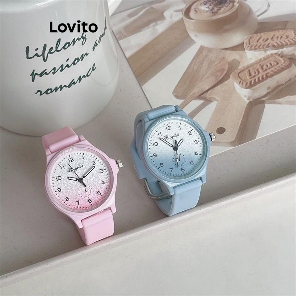 Lovito นาฬิกาข้อมือผู้หญิง แบบควอทซ์ กันน้ำ สีเรียบ แบบไล่โทนสี สไตล์ลำลอง LFA33347